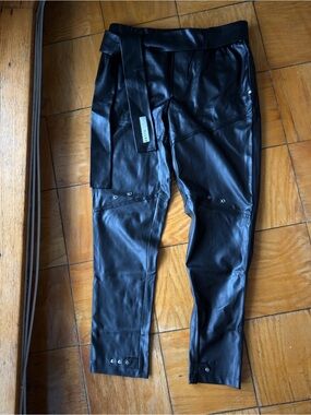 ORTTU Black Faux Leather Cargo Pants with Belt Detail